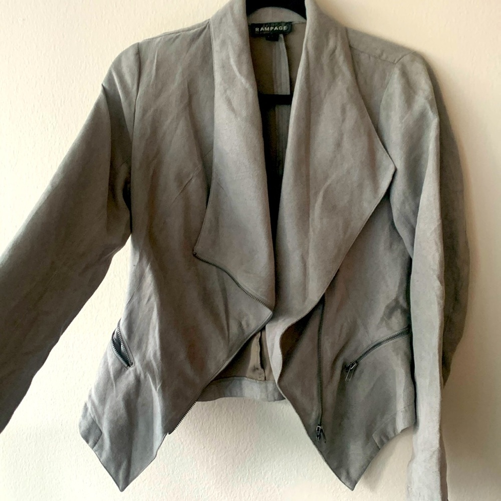 Gray faux suede jacket with zipper detail